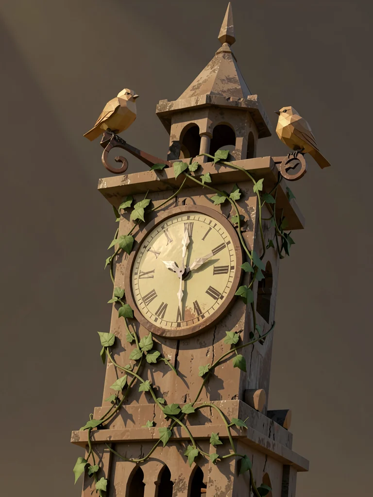 Leaning lowpoly clock tower with vines climbing the dial and two faceted birds n