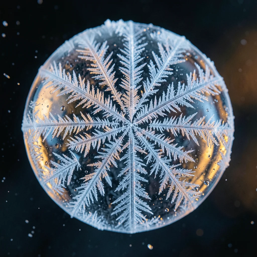 Frozen cocktail sphere macro, internal fracture patterns radiating through clear