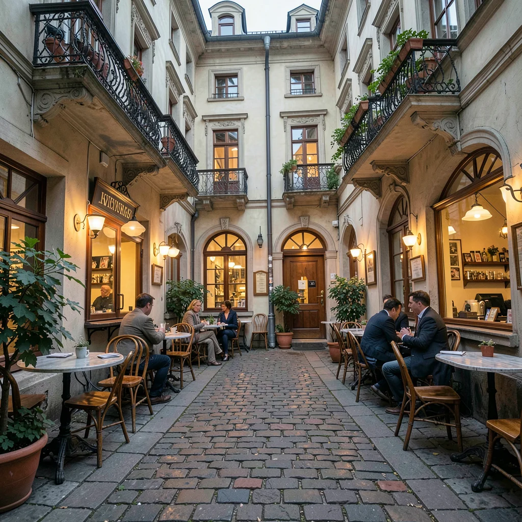 Habsburg café warmth surviving in Lviv, Ukraine, cobblestone courtyard with Aust