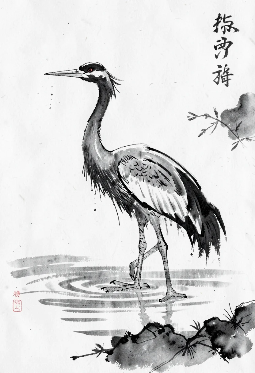 Standing crane sumi-e