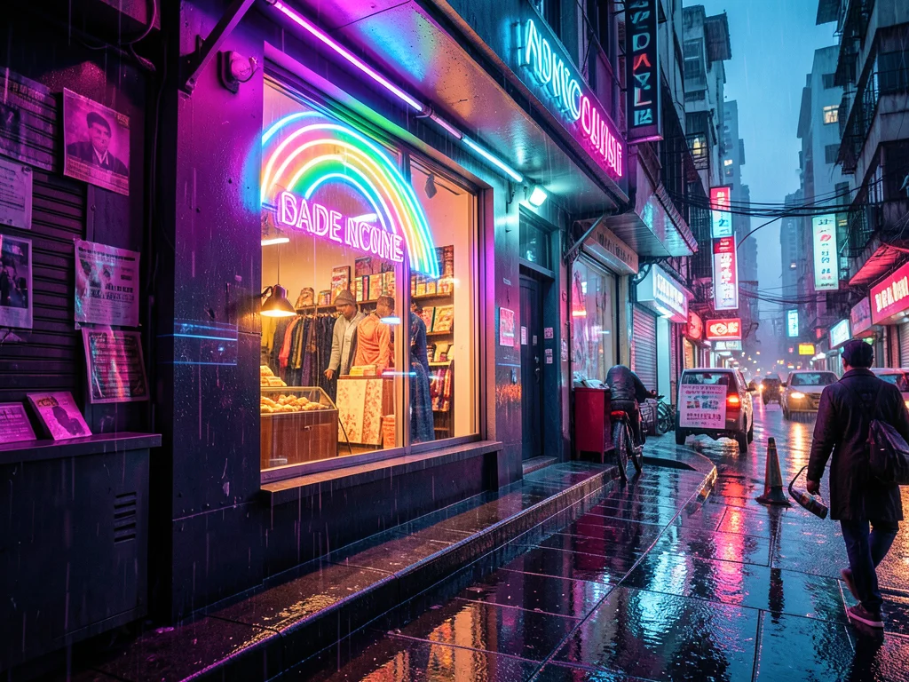 Neon rainbow sign glowing in shop window, evening street, warm reflections