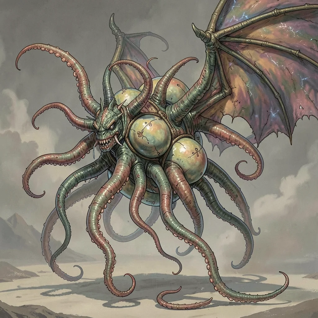 Fantasy creature illustration, a gravity-defying floater creature, gas bladders 