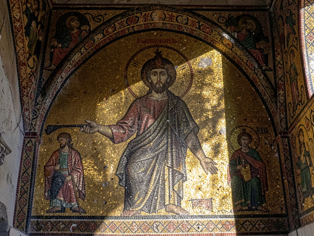 A Byzantine apse mosaic wall — gilded gold tesserae catching angled light across