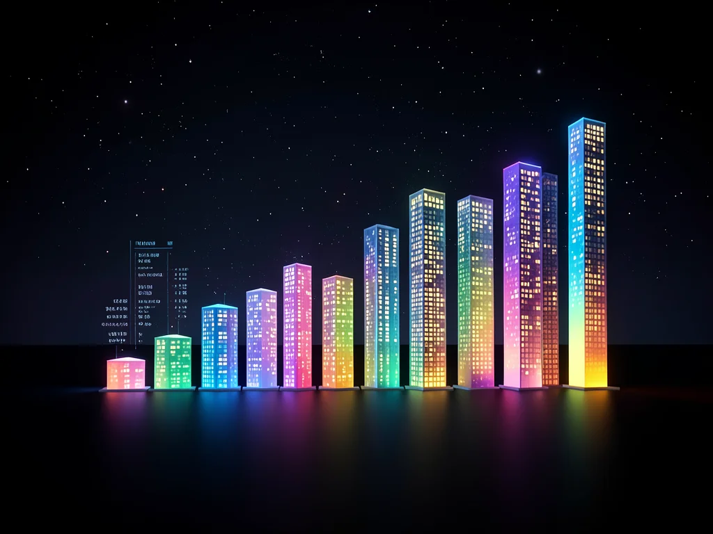 A bar chart rendered as a city skyline, each bar a building of proportional heig