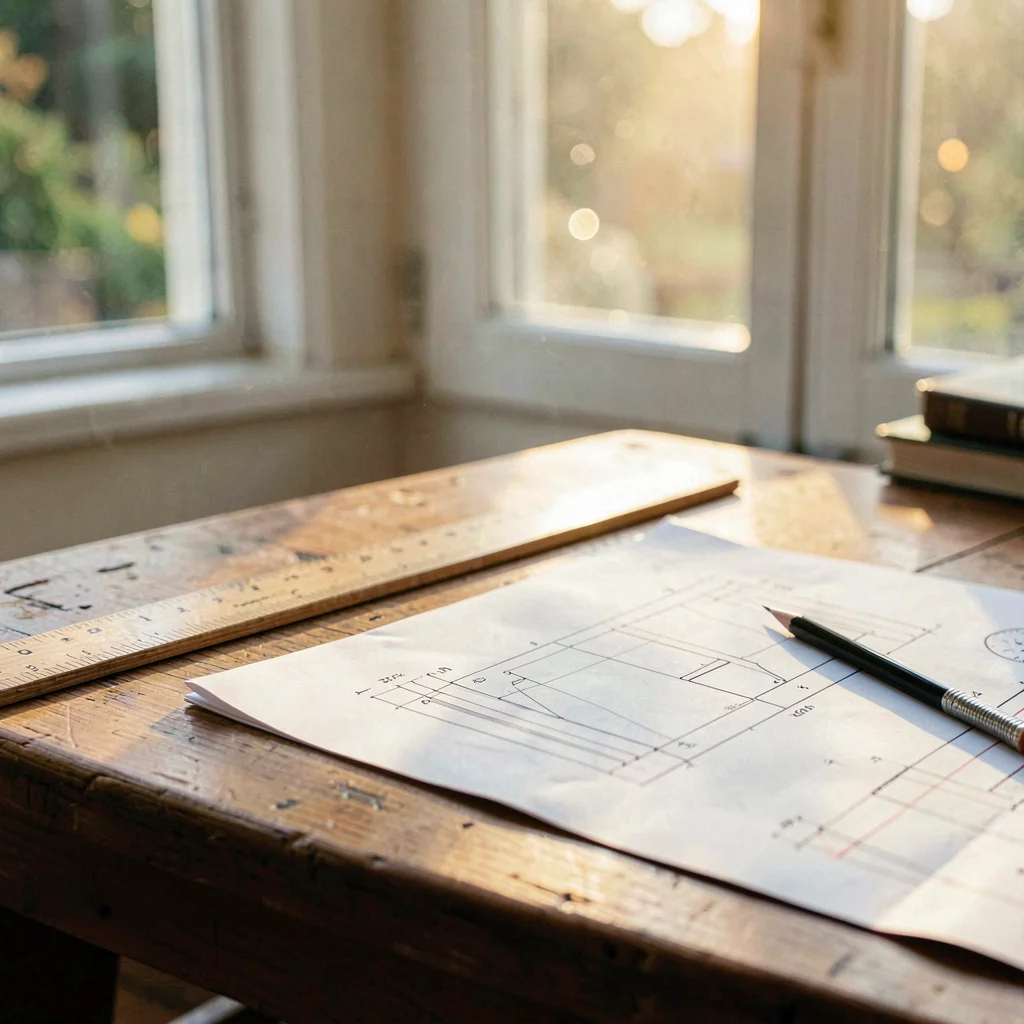 Atmospheric tabletop with a wooden ruler, a carpenter's pencil, and a folded lay