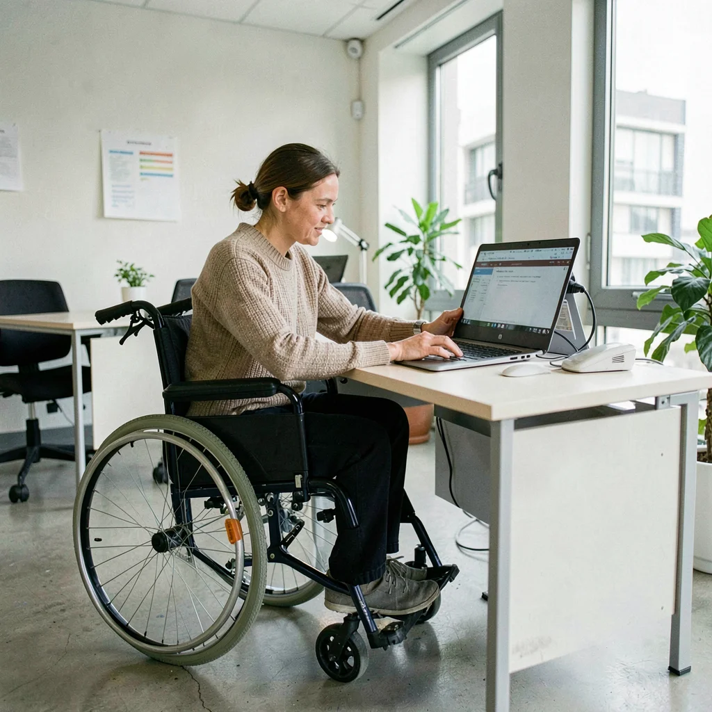 Documentary photography, unposed moment, Wheelchair user working at accessible d