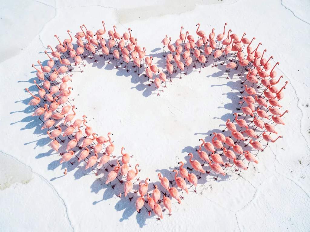 Thousands of pink flamingos from directly above forming accidental heart shape o