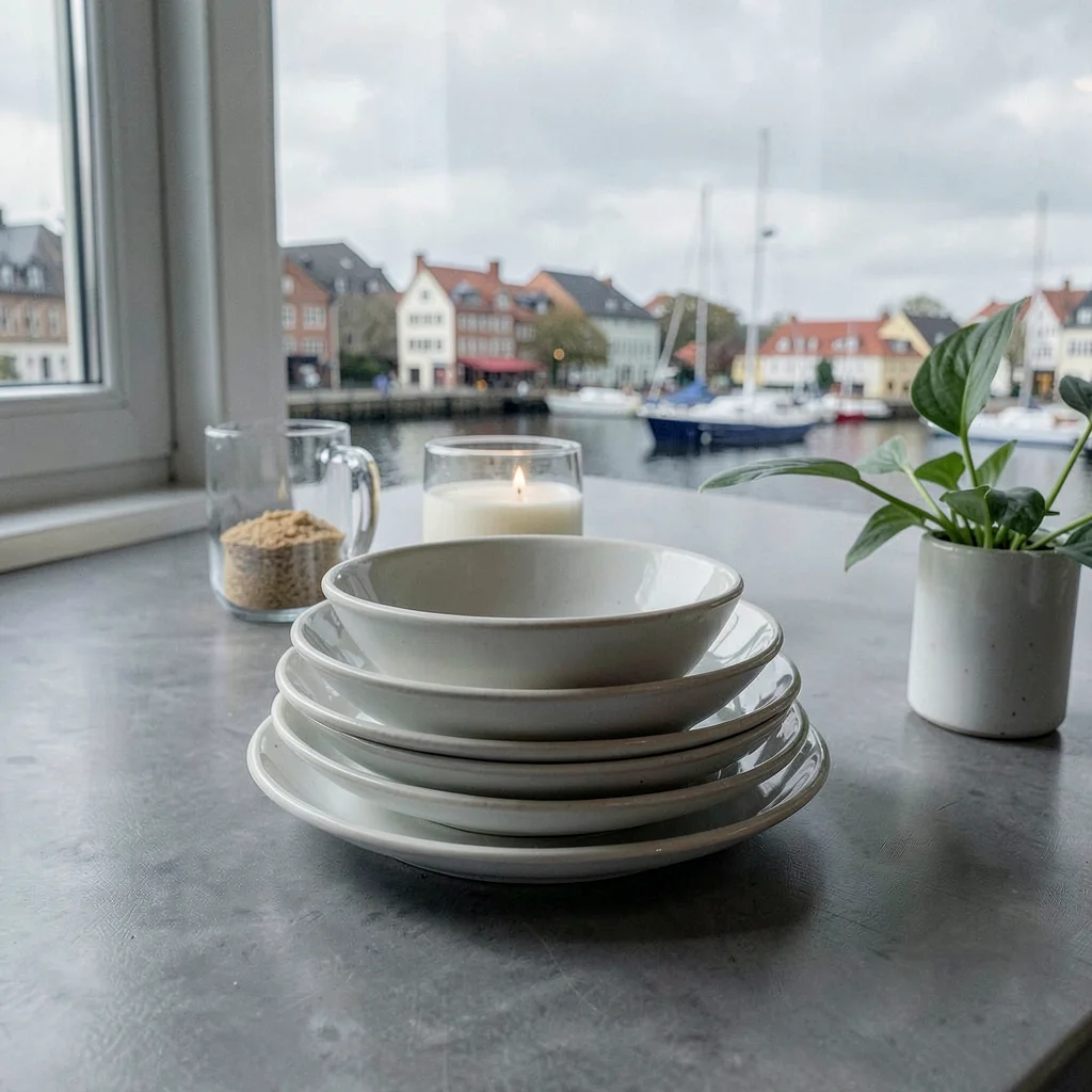 Comfortable grey harbor light in Gothenburg, Sweden, stacked white ceramic plate