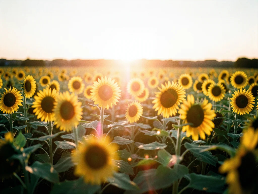 Sunflower field at golden hour, flowers glowing, warm backlight