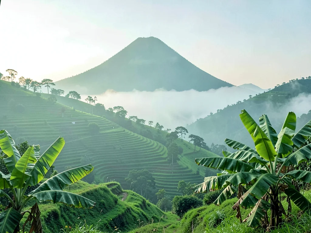 Emerald green hills through morning mist in Kigali, Rwanda, Volcano silhouette t
