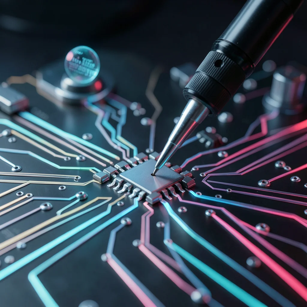 Close-up of a circuit board with soldering iron touching a micro-component