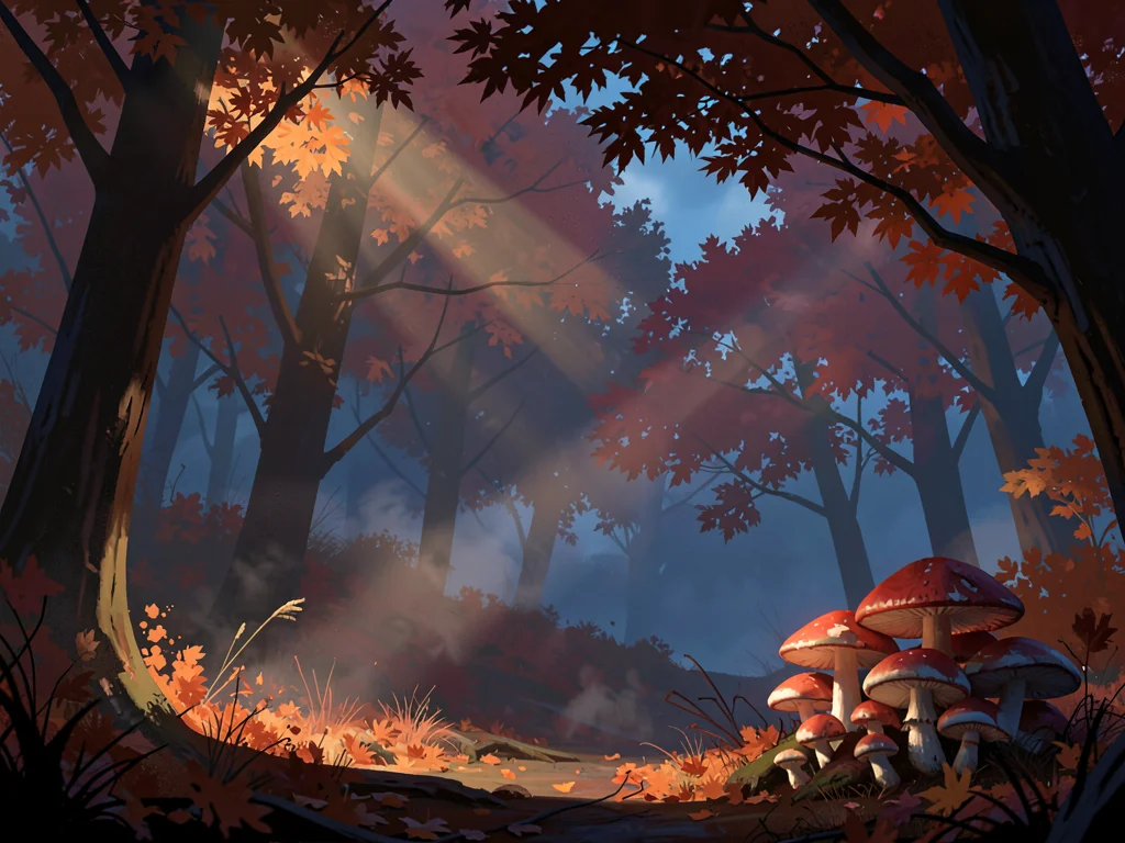 Autumn maple forest where dusk shafts cut through smoky leaves, warm crimson-ora