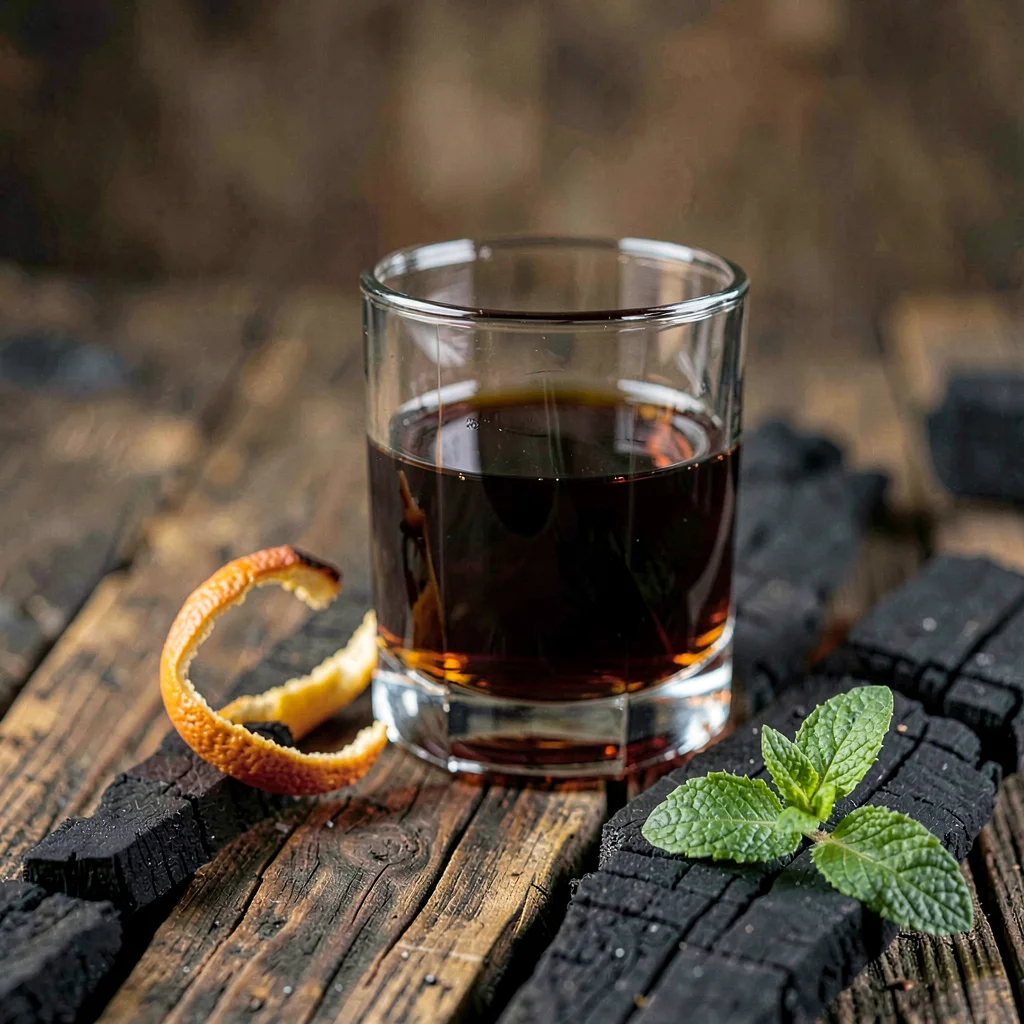 Glass goblet of dark vintage rum on charred wood with a curl of dried orange pee