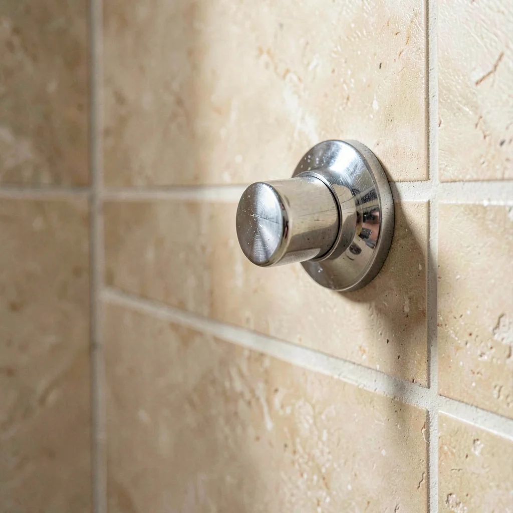 mineral close-up of a chrome shower handle on a tiled wall, crisp metallic edge