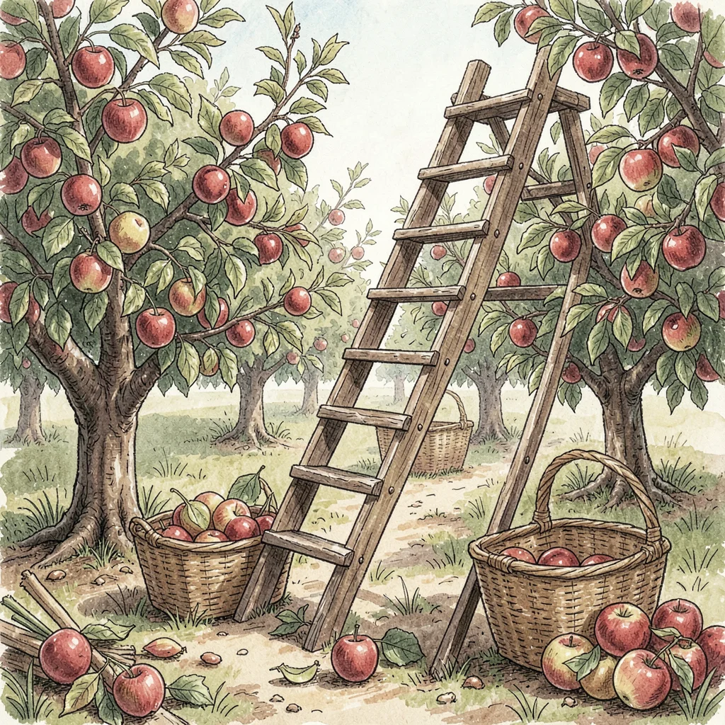 Artisan food packaging illustration, Apple orchard with ladder and baskets , far