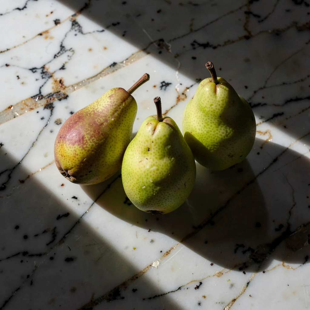 Three pears arranged on worn marble, afternoon light from left, long shadows