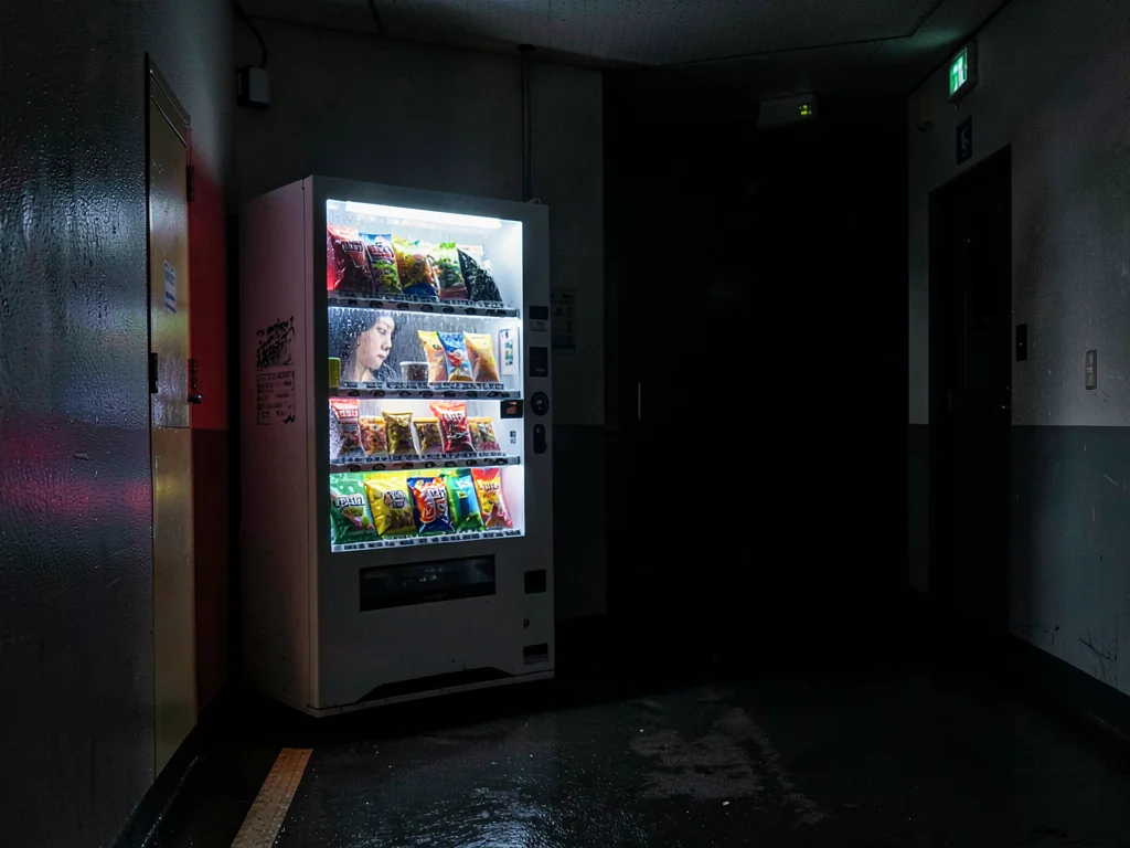 Person's face lit by vending machine in dark hospital hallway, 3am crisis, the s