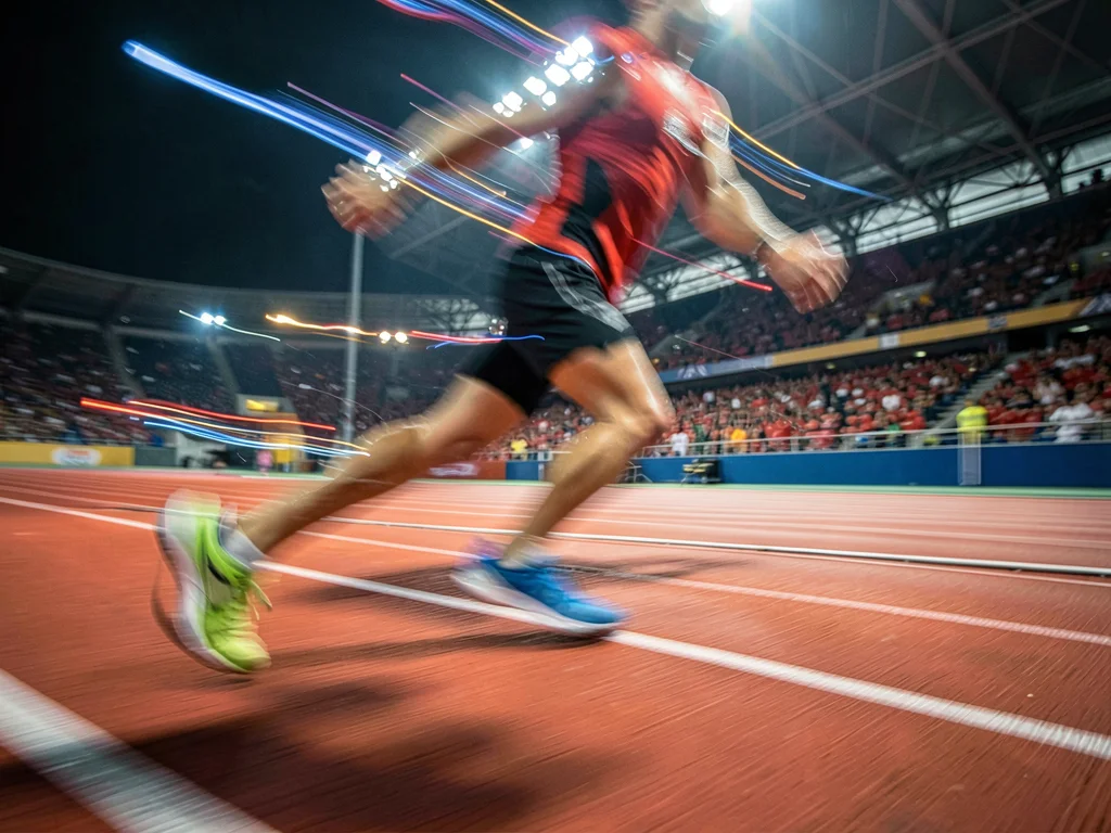 Runner's legs becoming elongated streaks of motion against stadium track