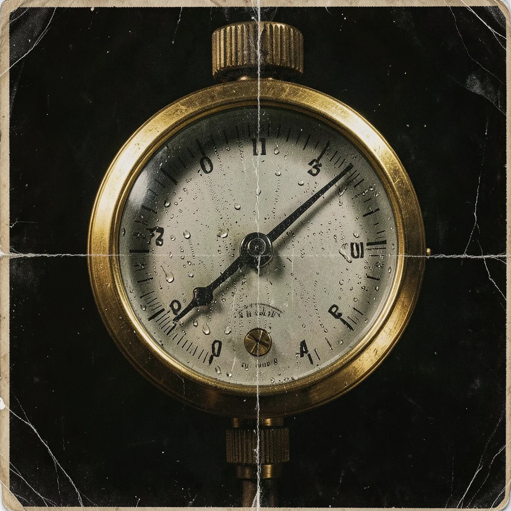 Pressure gauge with brass bezel, condensation on glass face