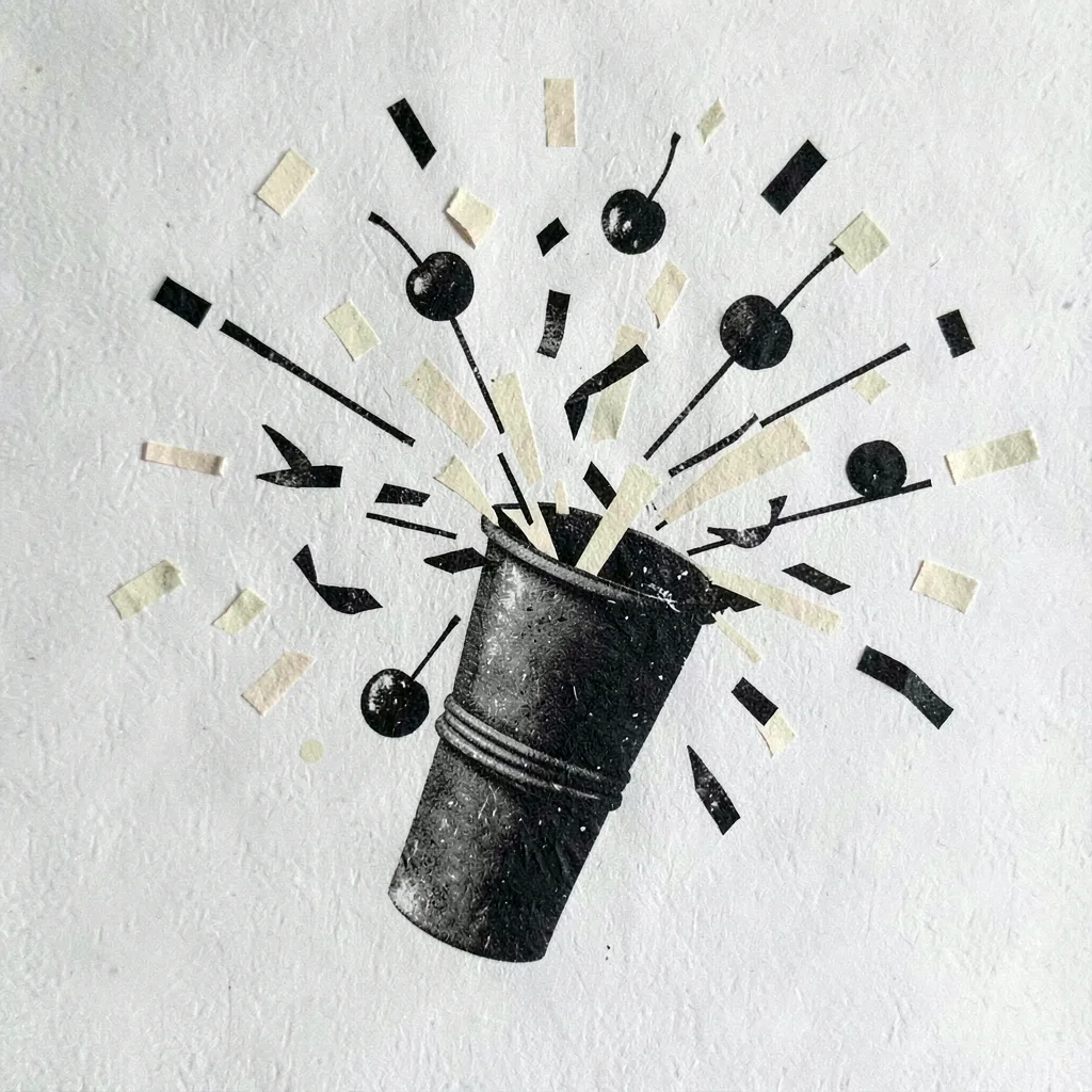 Screenprint of a bursting confetti cannon with paper-cut shapes, cherry and crea