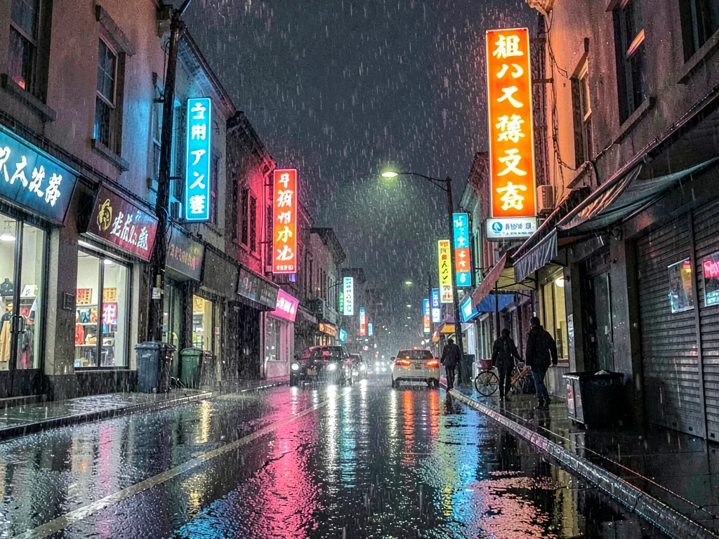 Rain-slicked neon street