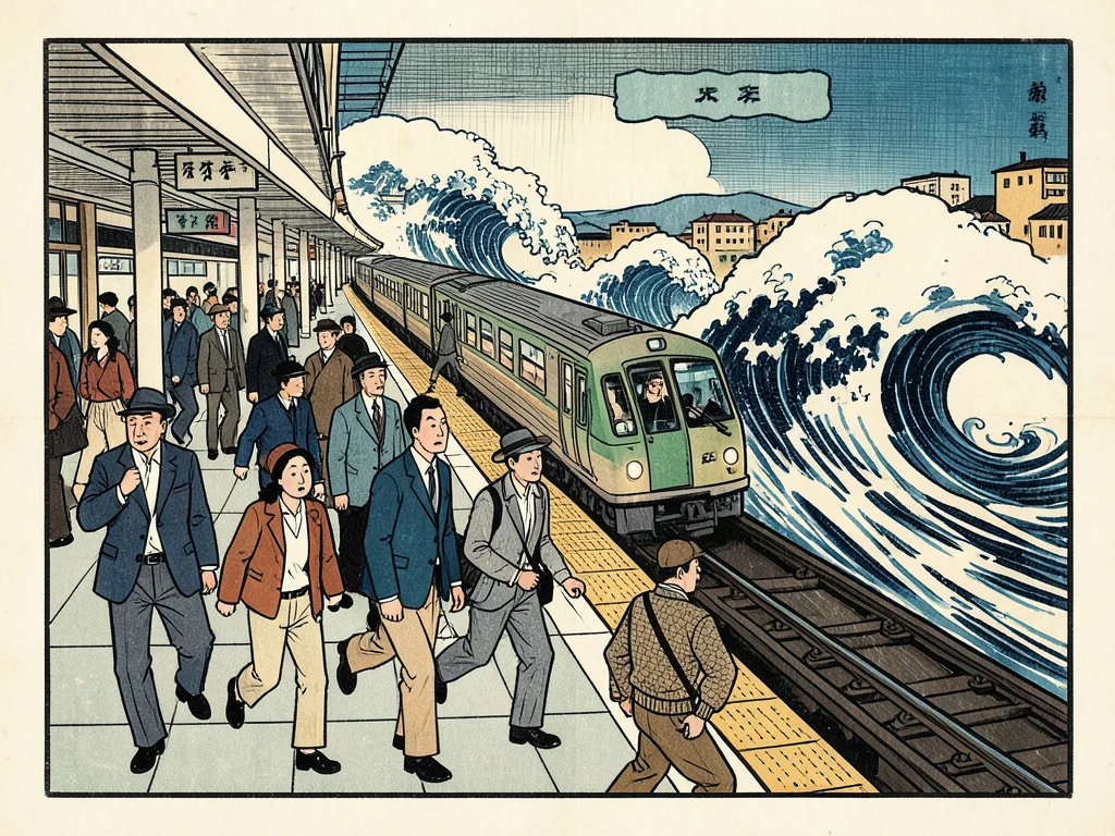 Commuters on a subway platform, flat figures in modern clothes posed like kabuki