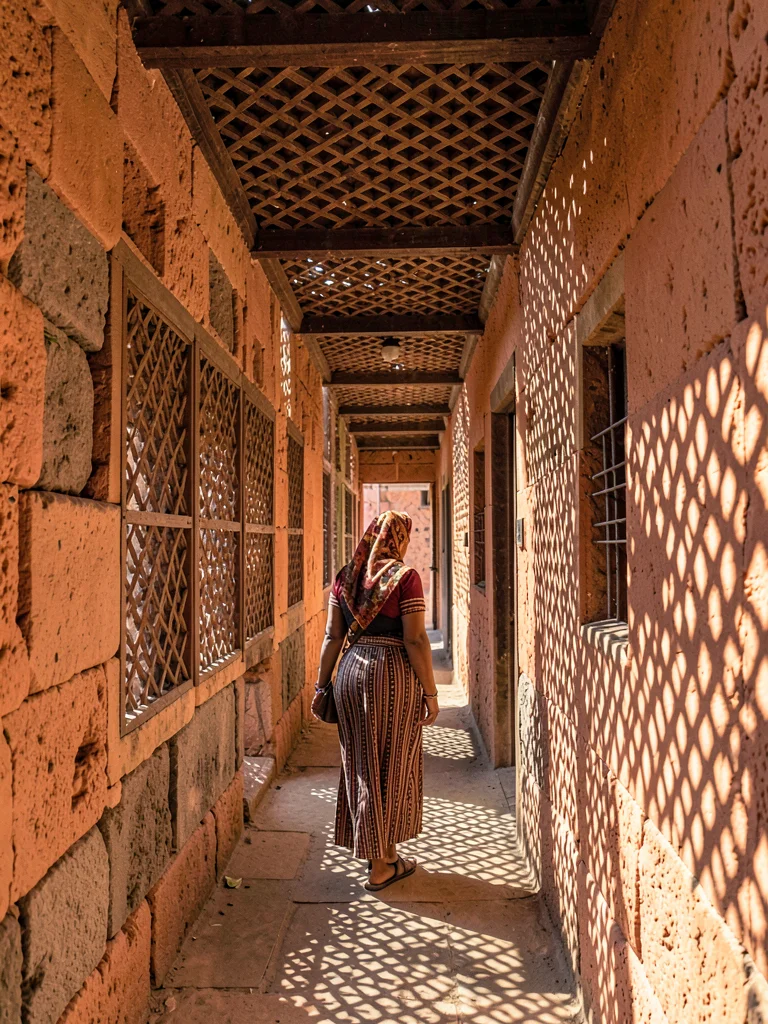 Afternoon sun through mashrabiya lattice in Lamu, Kenya, Woman in buibui passing