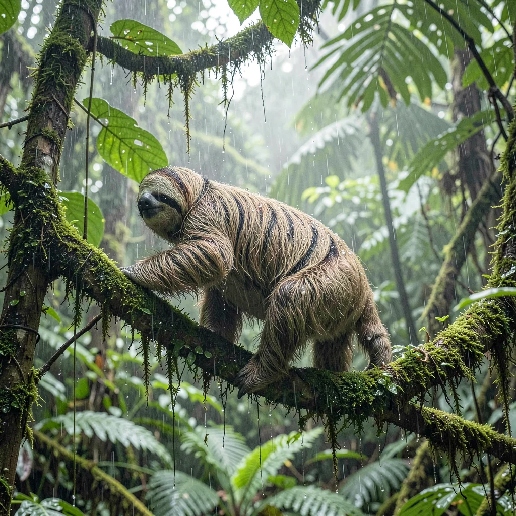 Tropical rainforest photograph, humid jungle atmosphere, A sloth moving slowly t