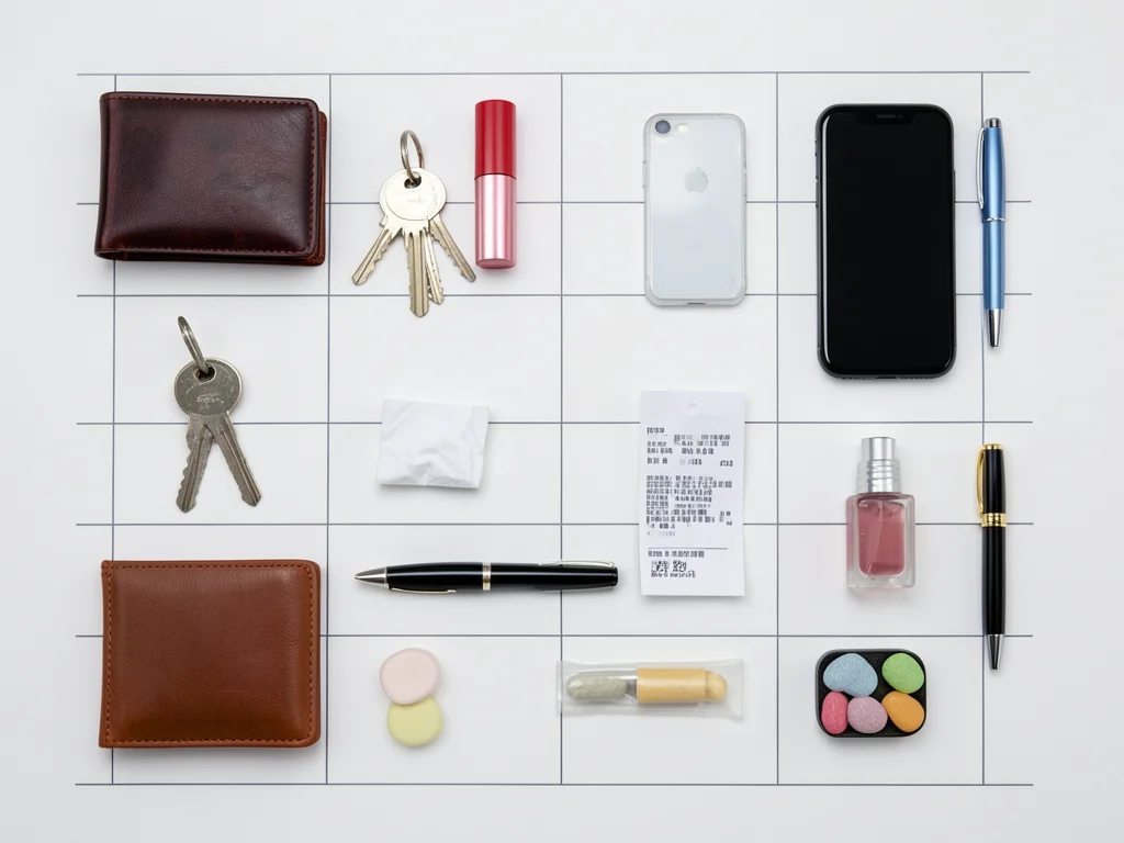Contents of a woman's handbag: wallet, keys, lipstick, phone, tissues, receipts,