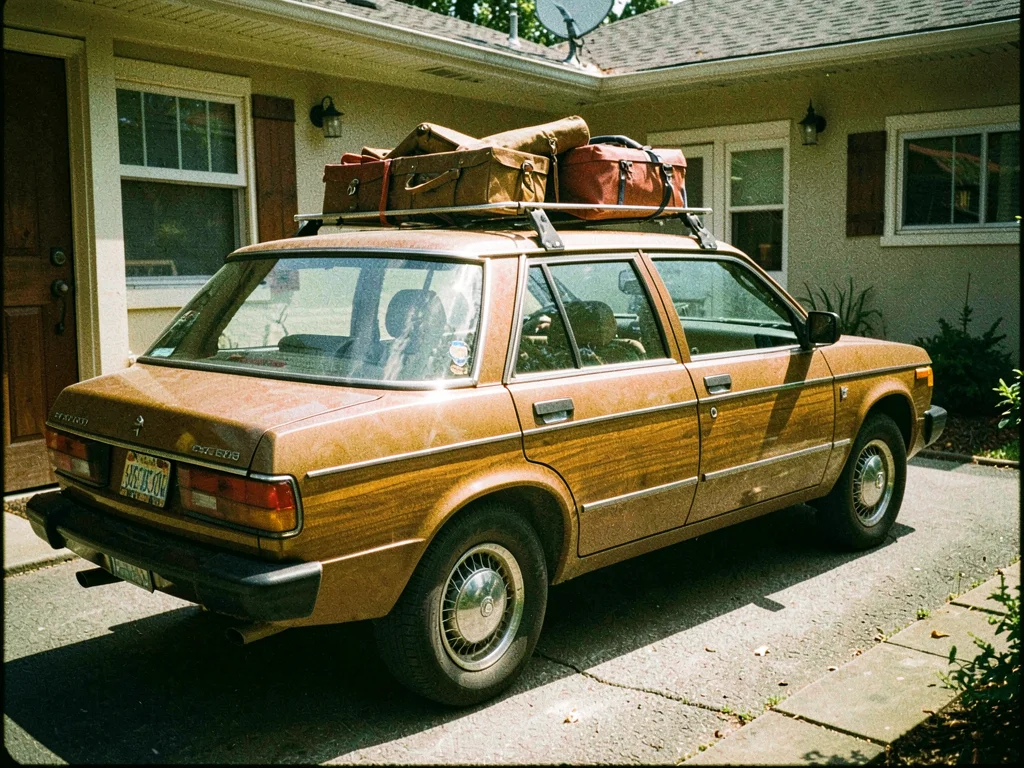 Station wagon with wood paneling parked in driveway, luggage on roof rack, under
