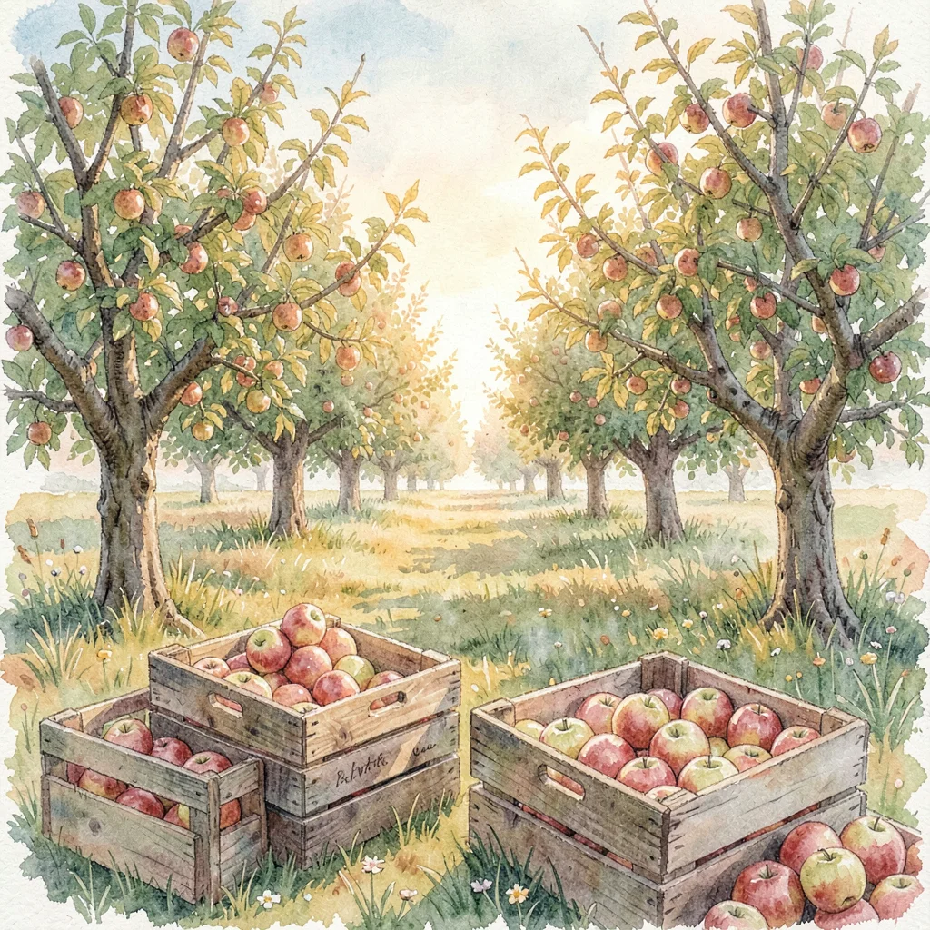 Gouache landscape of an orchard at golden hour with crates of apples in the fore