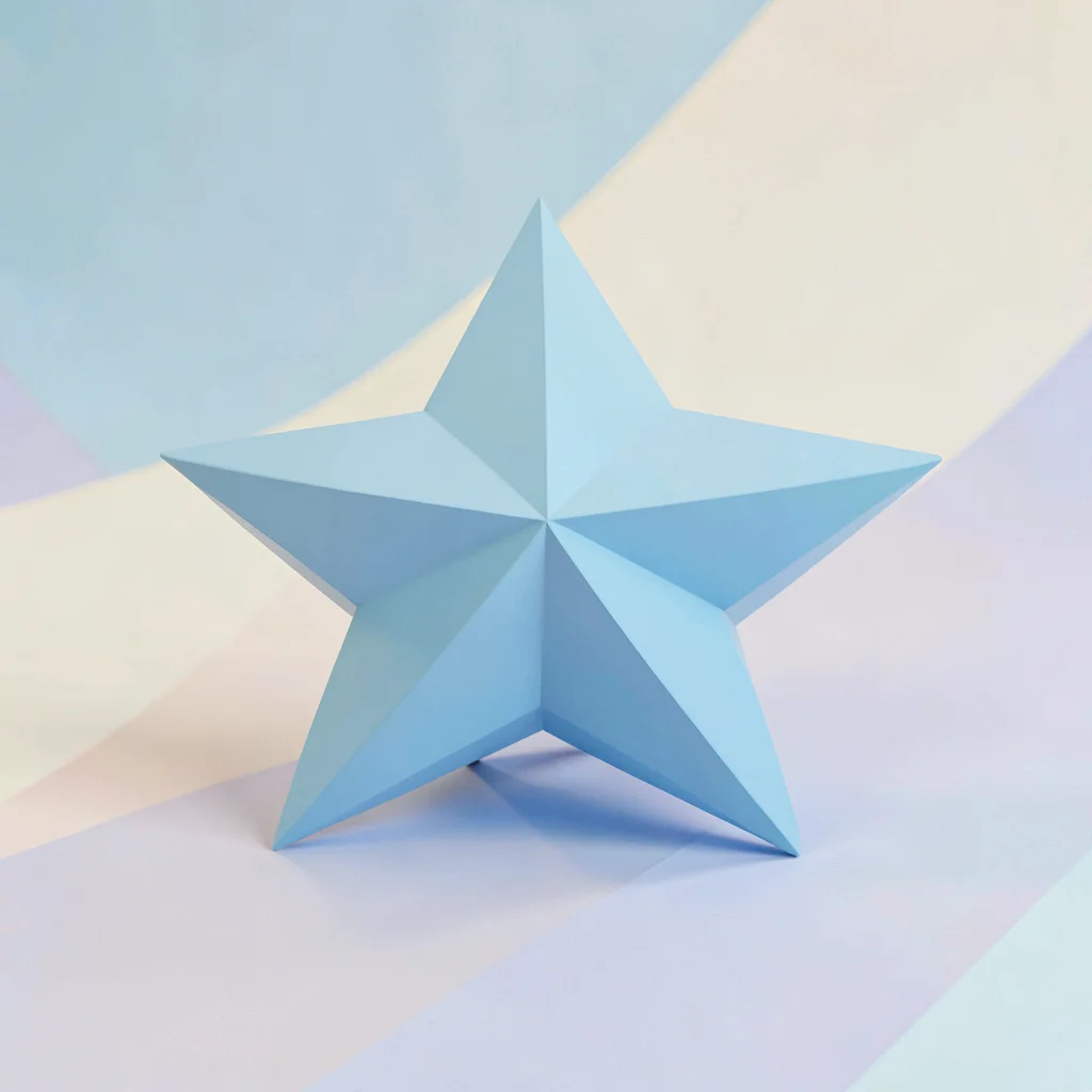 Five-pointed sky-blue lowpoly throwing star with chunky points in faceted cream,