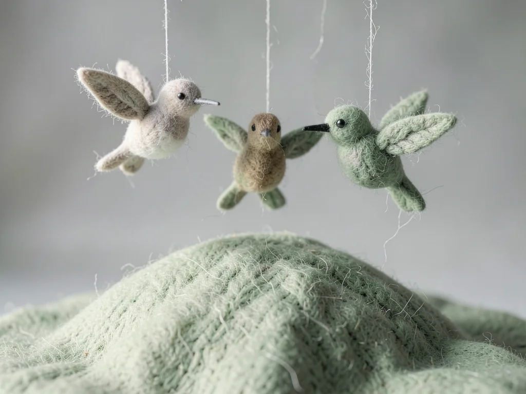 Trio of felted hummingbirds suspended on invisible threads above a sage felt lan