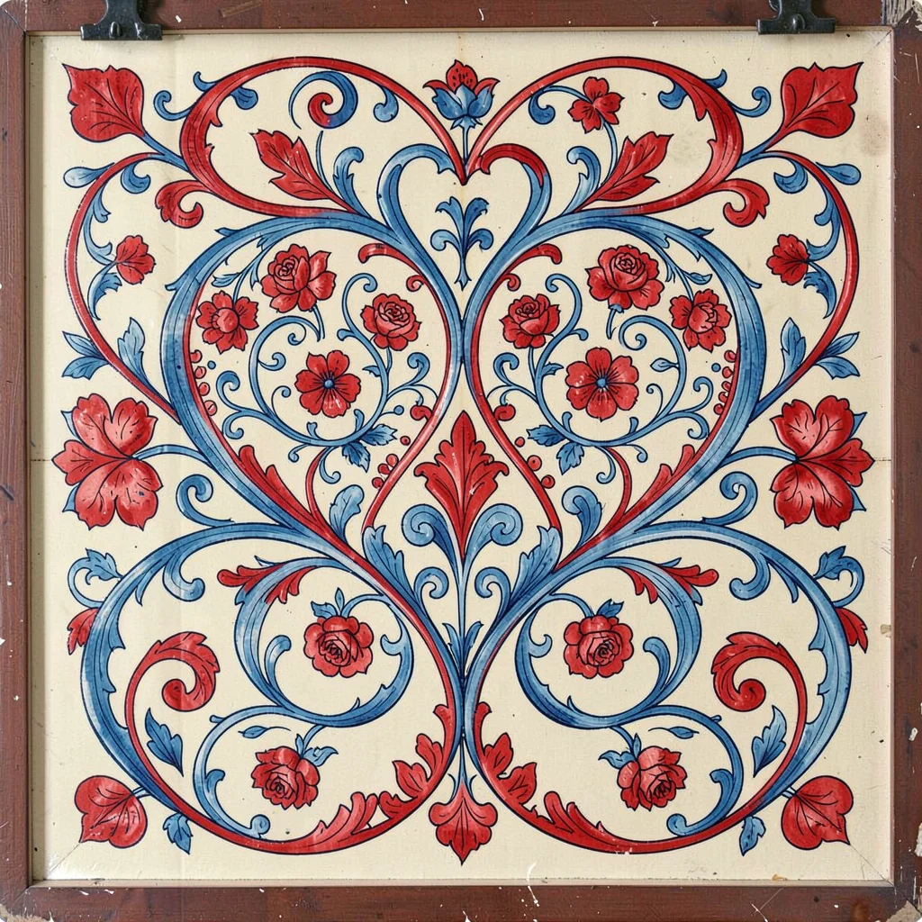 Scandinavian rosemaling illustration, intertwined hearts with flowing flower scr