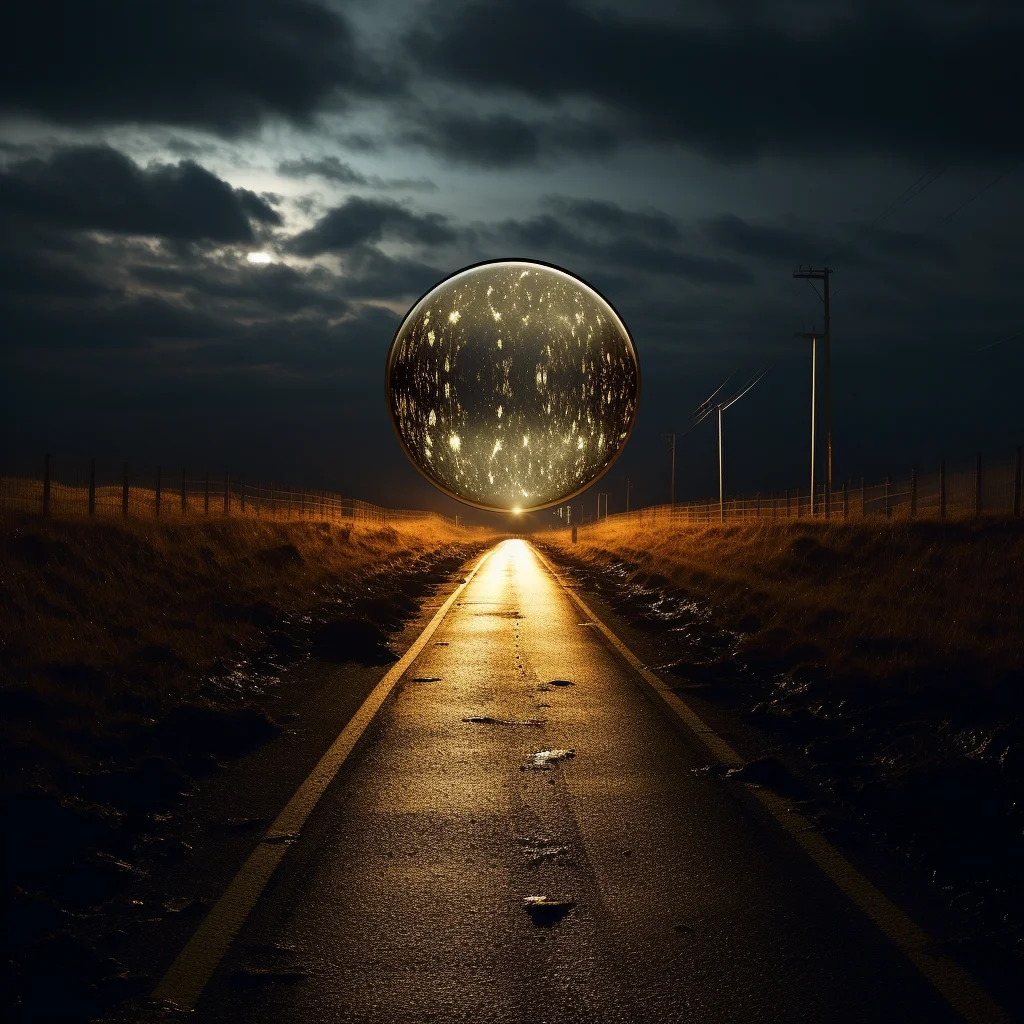 Photo At night a mirror placed on an empty road refle