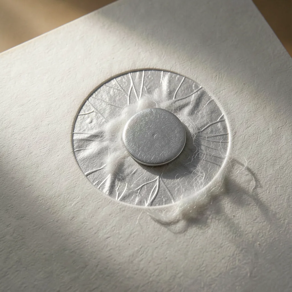 Foil-blocked circle of silver on Japanese unryu tissue paper, metallic disc floa