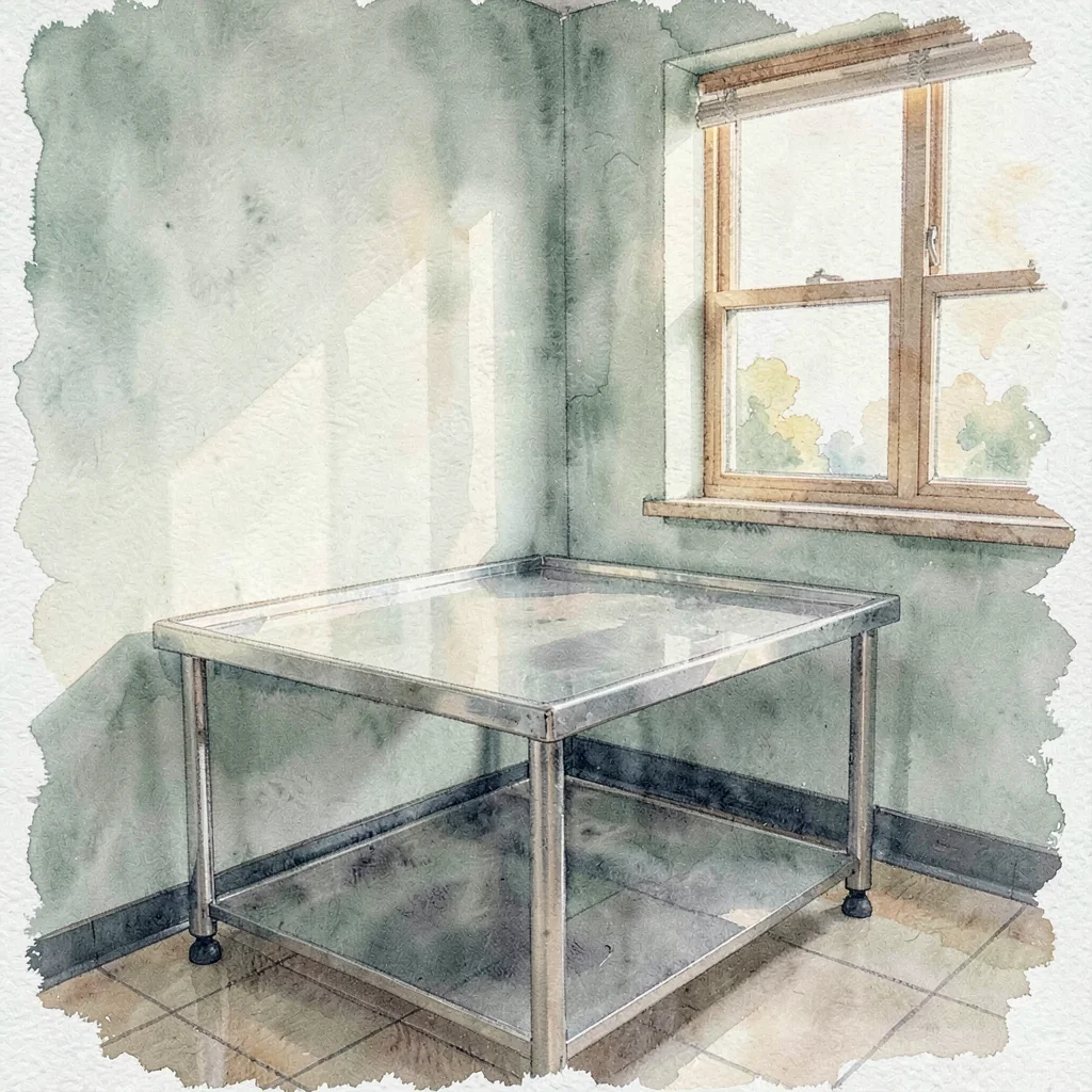 Atmospheric watercolor of a small vet hospital exam room with a stainless table 