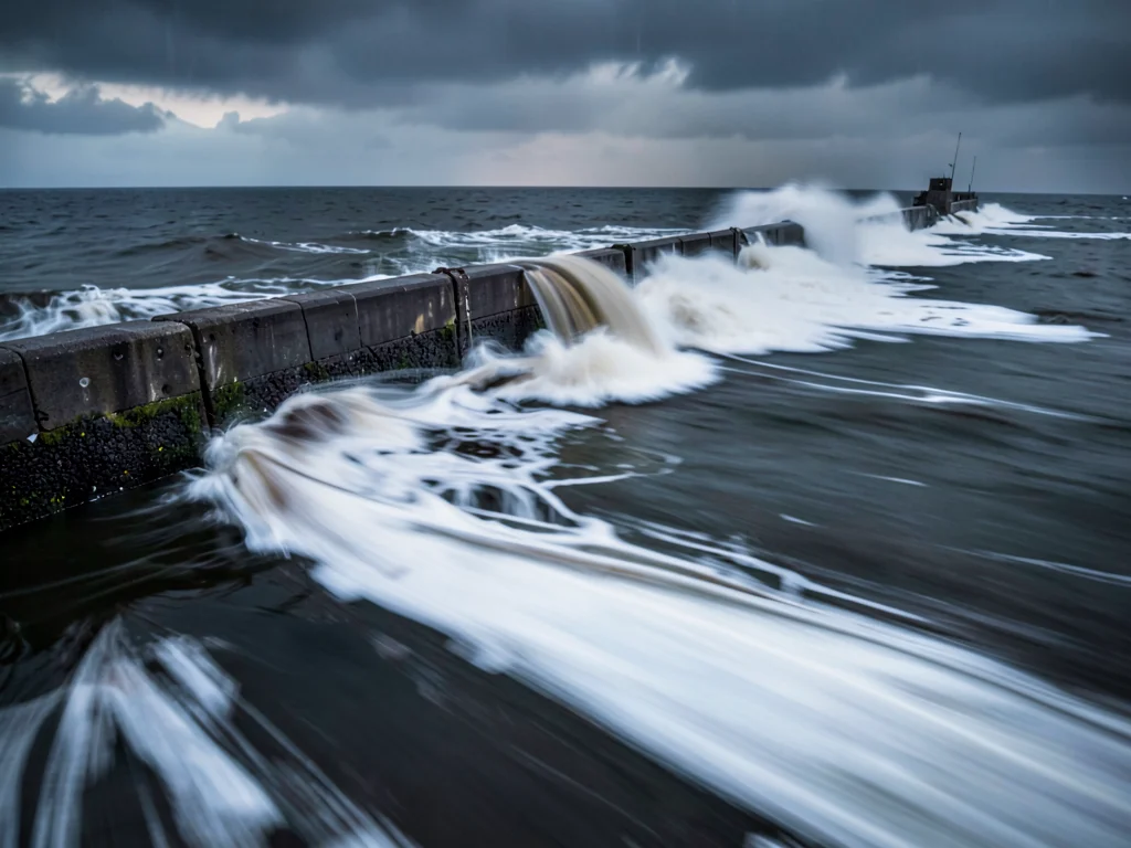 Storm surge against seawall as dramatic blur
