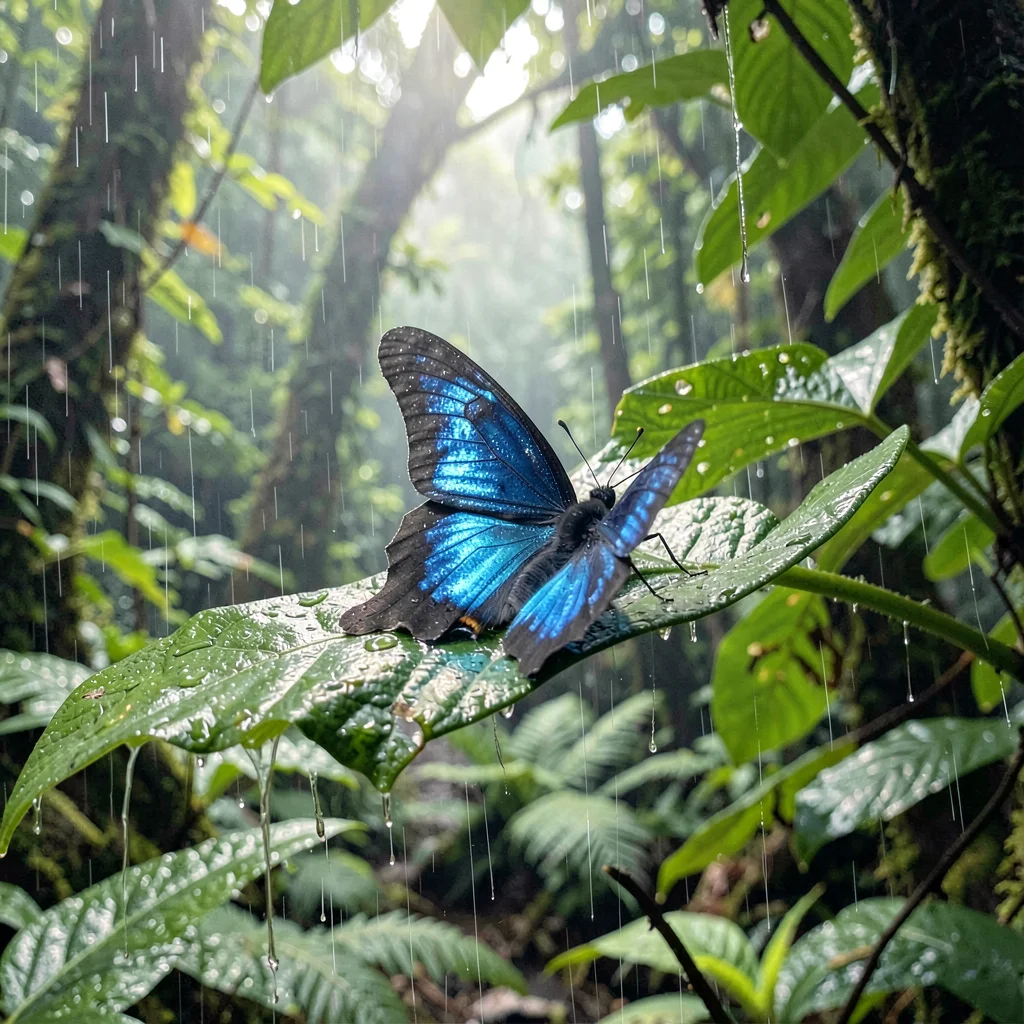 Monteverde cloud forest, filtered canopy light, Butterfly resting on a leaf, win