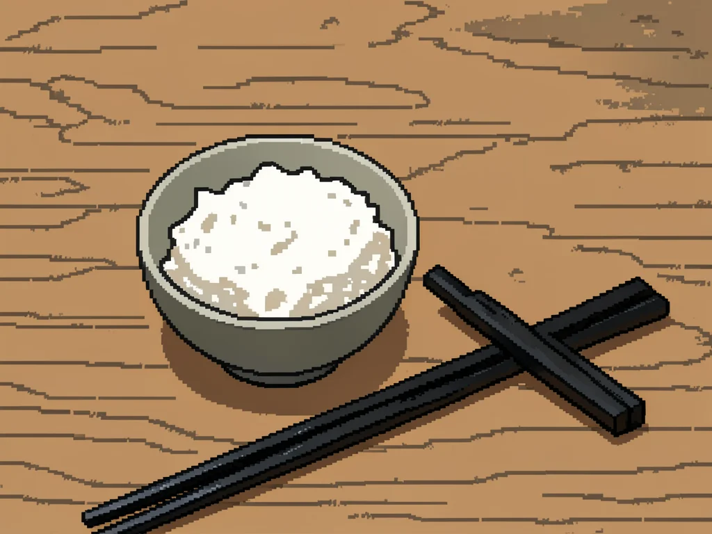Plain rice in a small bowl resting beside a pair of black lacquer chopsticks on 