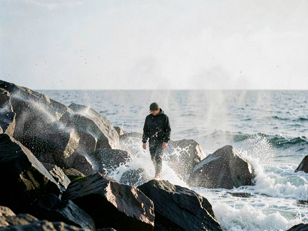 Person on rocks in spray