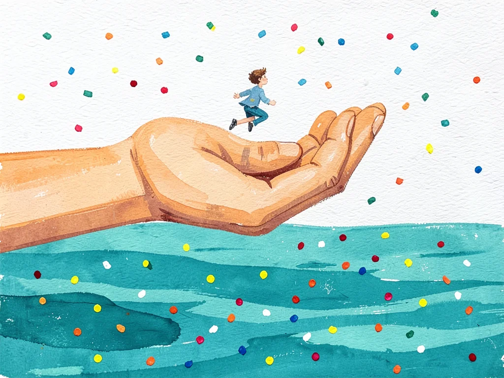 One enormous hand cups a tiny figure mid-leap above a teal river crossed with co