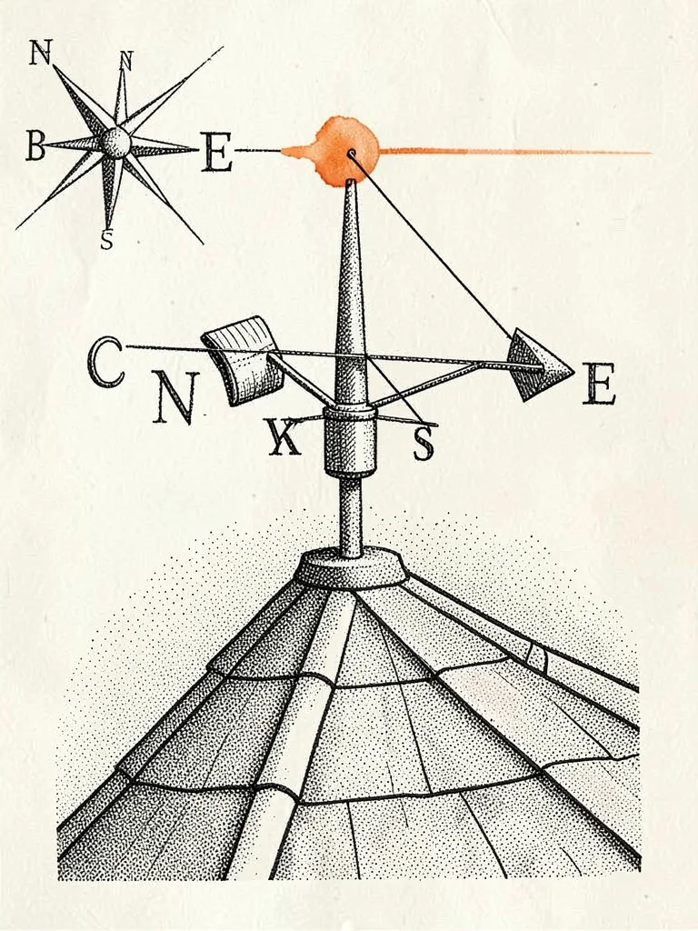 Stipple-shaded close-up of a hand-drawn weather vane on a paper rooftop, multipl