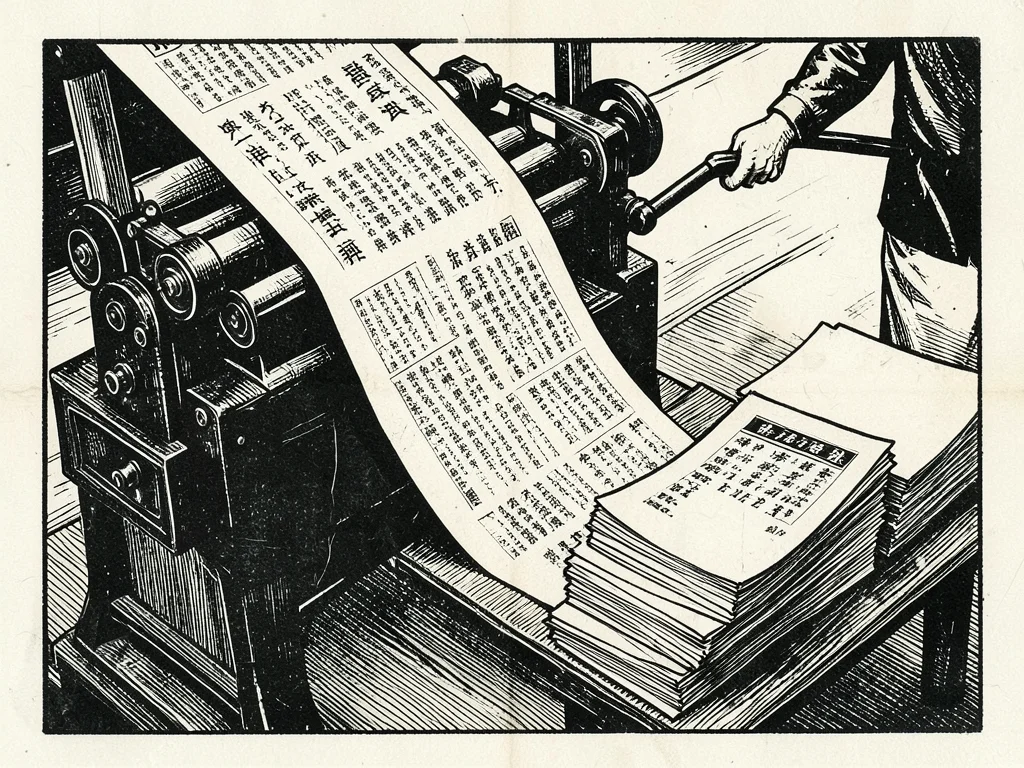 A printing press with a large broadsheet coming off the roller, an operator pull