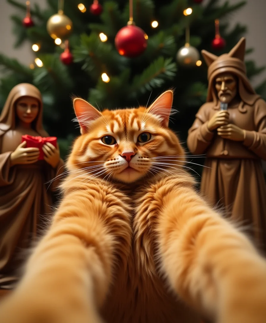 Selfie of a super fat orange cat sitting in nativi