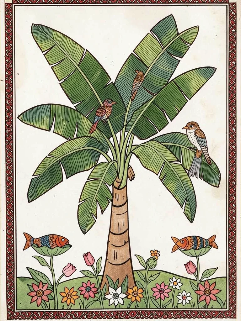 Swaying banana tree — overlapping leaf layers with birds perched, ground flowers