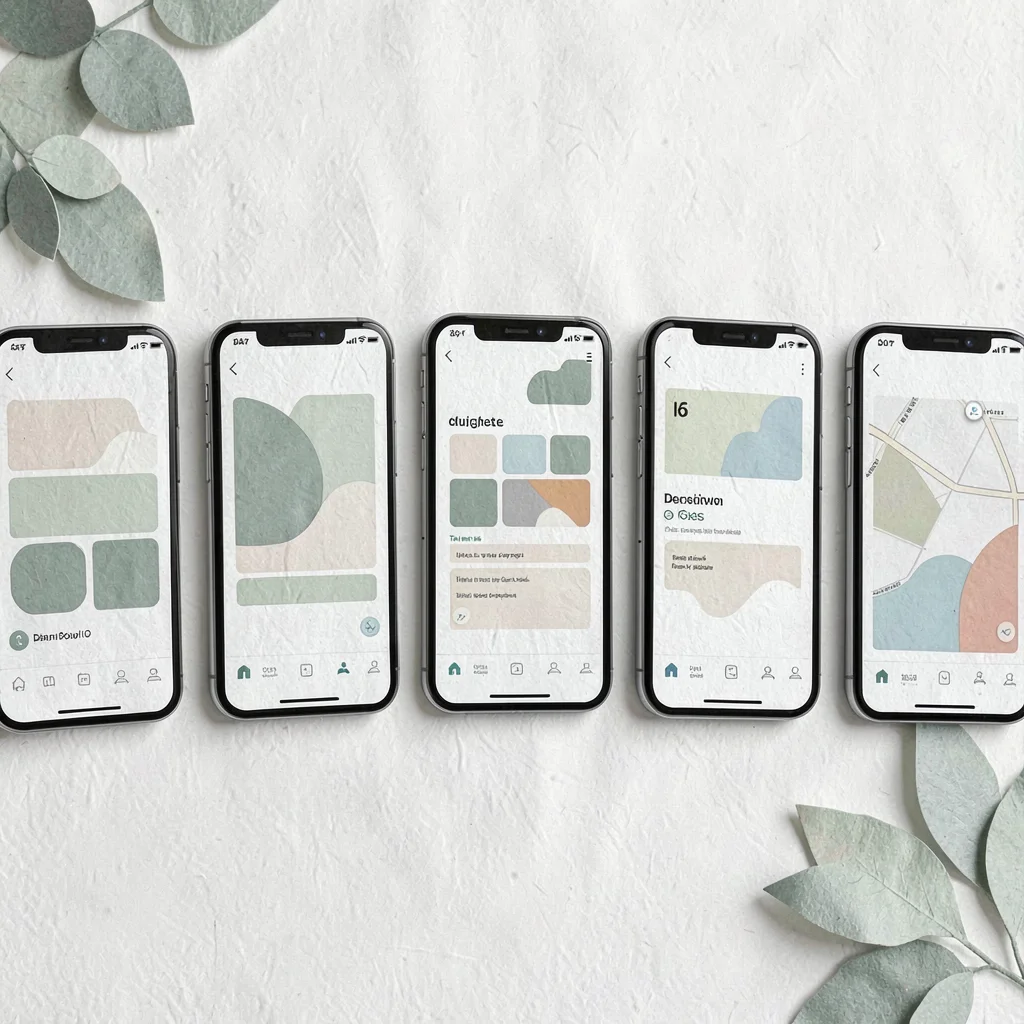Screenshot grid of six phone mockups in a soft tilted row, each showing a travel