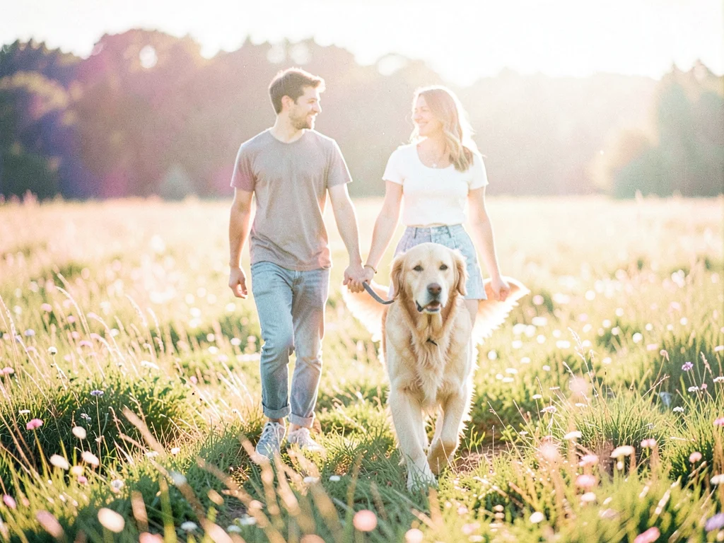 Two friends walking a golden retriever through a meadow