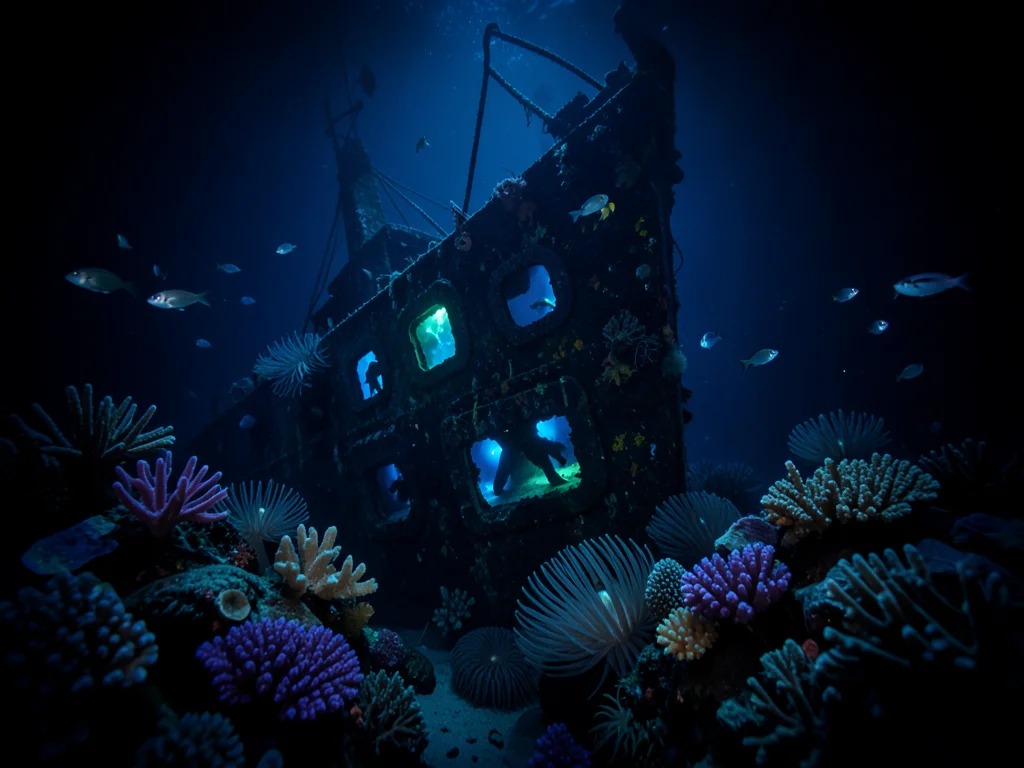 Shipwreck on the ocean floor covered in coral and anemones, fish swimming throug