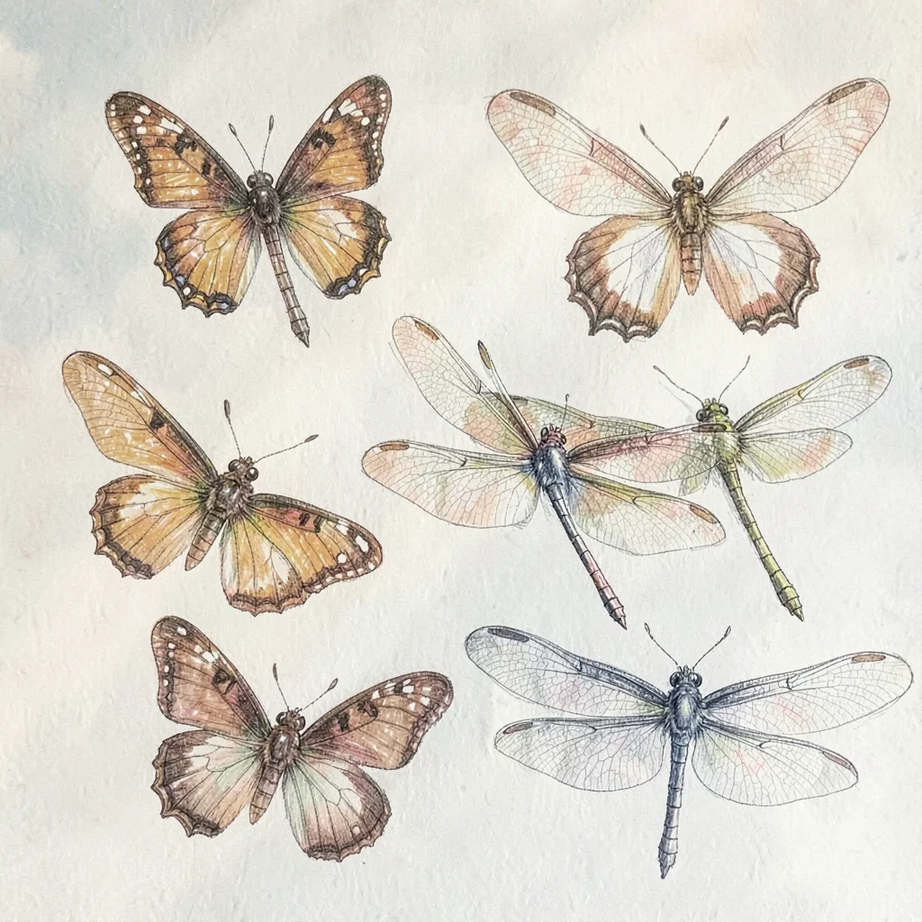 hand-drawn study of butterflies and dragonflies, soft palette